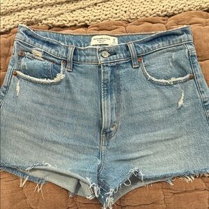 Abercrombie & Fitch The Mom Short High Rise Light Blue Distressed Denim Shorts